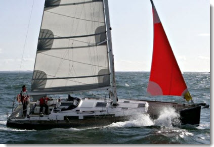 Hoisted from a small bag, the storm jib wraps around the existing furling unit. Sheets are already attached and lead aft to the cockpit, ready for instant control.