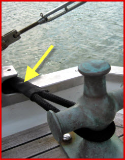 Add chafing gear where dock or anchor lines pass through chocks, sharp corners, rails, or other potential chafe points on your boat.