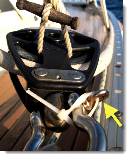 Check every shackle on every fitting under load. Mouse &##x28;secure with seizing or wire ties&##x29; the shackle pin &##x28;yellow arrow&##x29; to the shackle body.