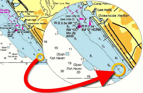 Look for depth curves that run almost parallel to the coast. Aim for a point to the right or left of the objective. Here, our objective will be lighted whistle buoy OC at the entrance to Oceanside H