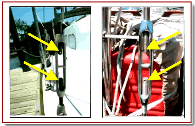 Check for missing cotter pins from the lower ends of shrouds and stays. Both of these sailboats have missing cotter pins. Notice how the turnbuckle barrels could back off from the threaded swages and 